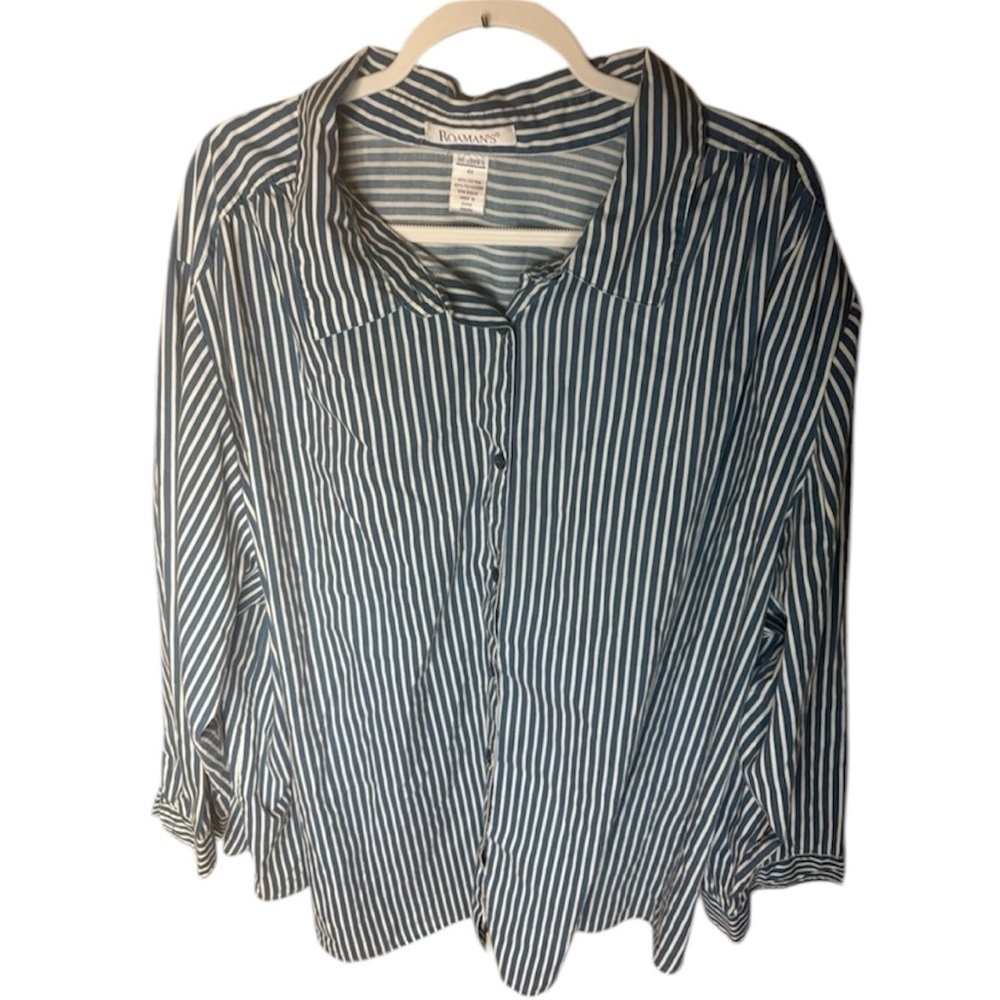 Roamans Plus Size 4X Long Sleeves Button Up Shirt Collared Striped Blue & White